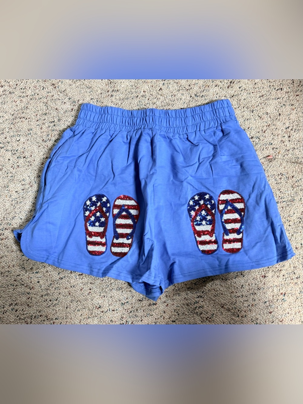 Fantastic Fawn Blue Athletic Shorts with Sequin Flag Flip-Flop Appliqués